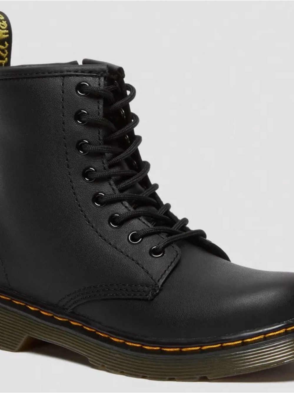 Dr. Martens Kids Black Lace-Up Combat Boot with Yellow Stitching